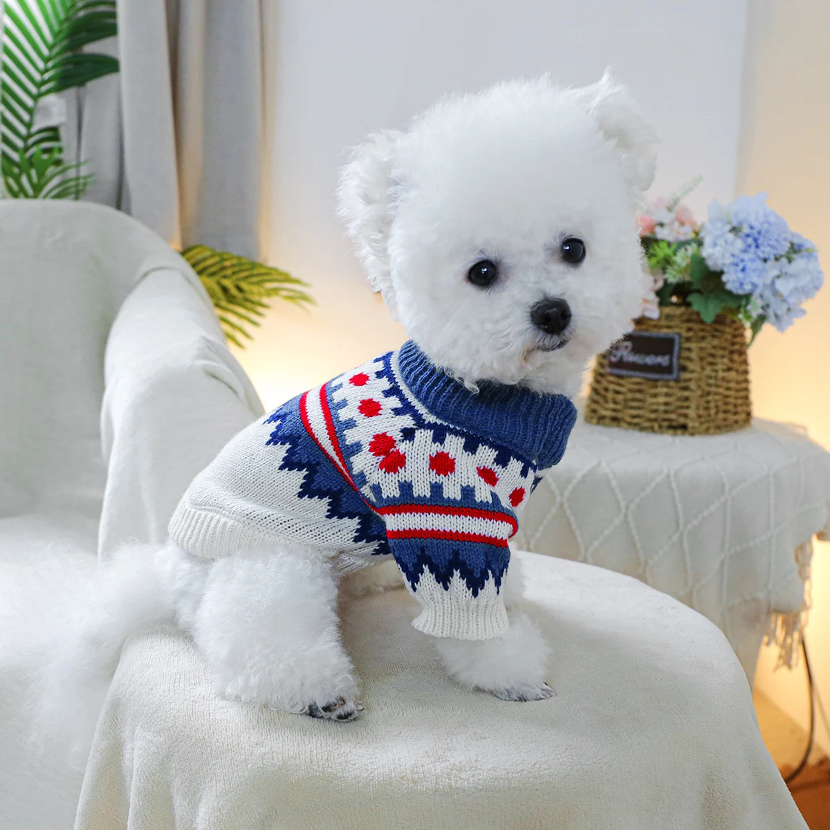 1PC pet clothing Fer Island blue sweater spring and autumn pullover knitted sweater suitable for small and medium-sized dogs