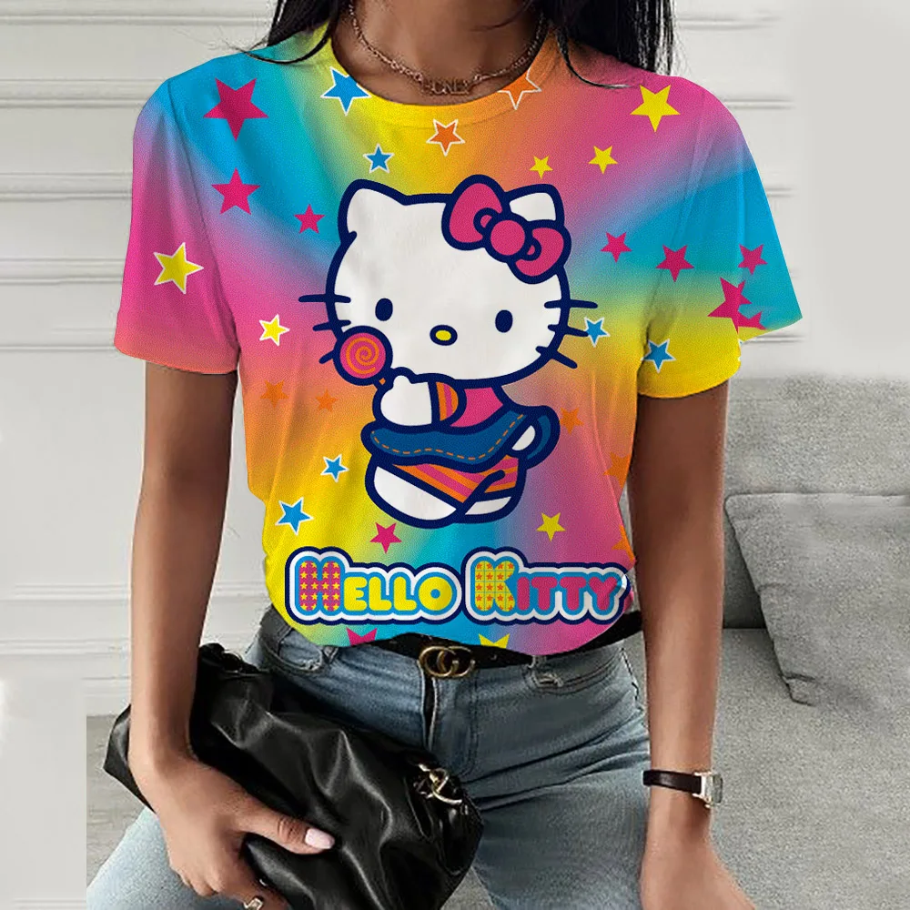 New Hello Kitty print T Shirt Woman Kuromi Kawaii T-shirt Top Women Y2k Fashion Cartoon Short Sleeve Tee Summer Tops