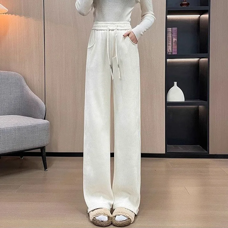 กางเกงขายาวทรงตรงเอวสูงผูกเชือกสไตล์คลาสสิกสำหรับผู้หญิง ลดราคา