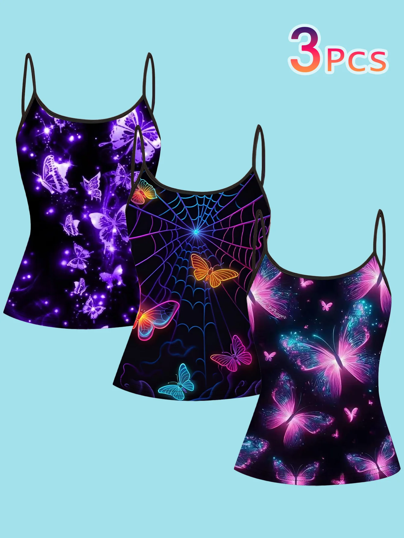 3-Piece Set of Neon Spider Web Fantasy Butterfly Camisoles, Slim-Fitting and Flattering, Suitable for Wearing Inside or Outside