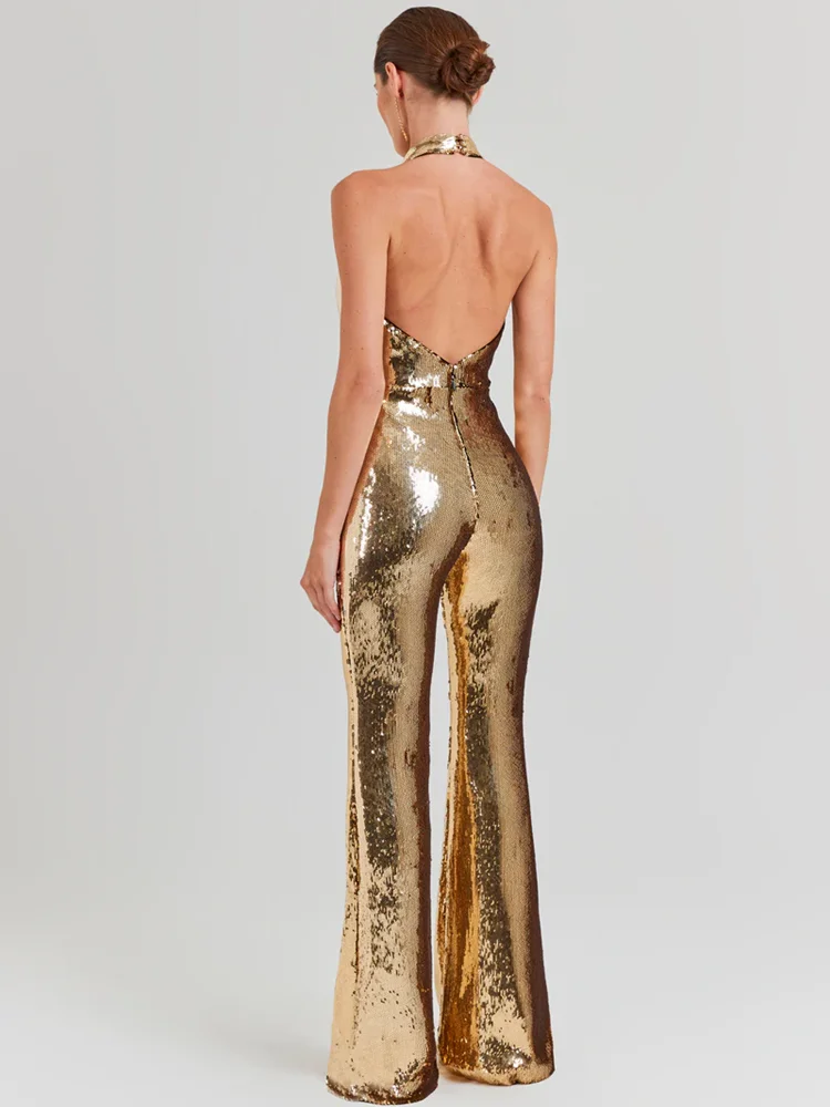 Frauen Sexy Backless Ärmellose Overalls Luxus Gold Pailletten Design Mode Party Ein Stück Weibliche Kleidung