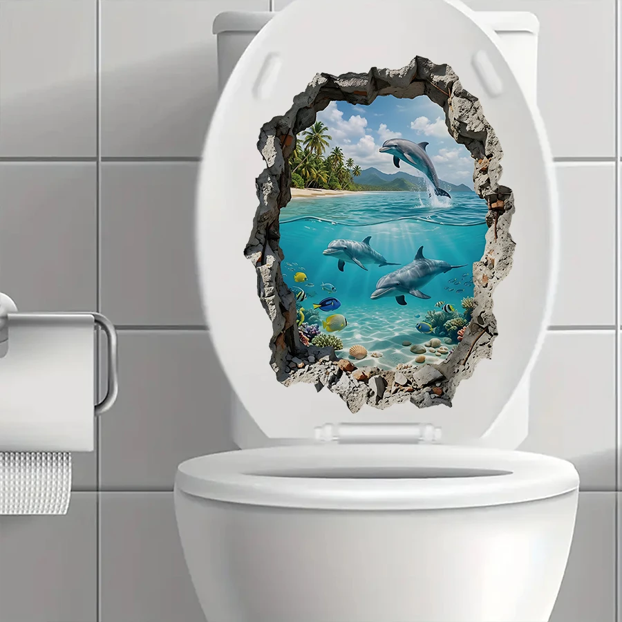 3D Broken Wall Dolphin Ocean Wall Sticker Removable Self-Adhesive PVC Decal for Bathroom Kids Room Living Room Home Decoration