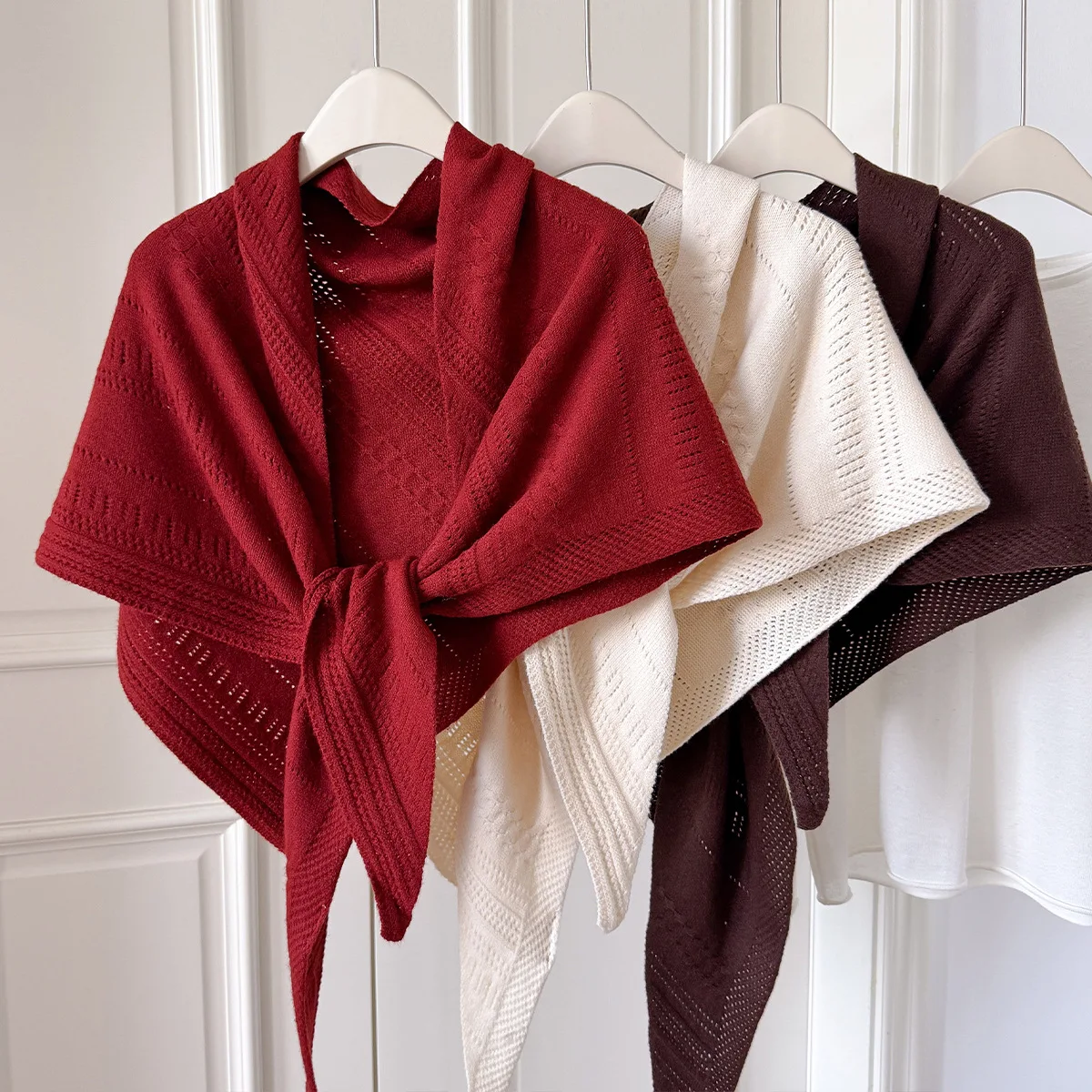 Knitted Wool Blend Triangular Shawl Women Soft Textured Button Neck Drape Multi Wear Wrap Light Cozy Scarf Casual Daily