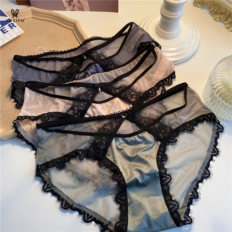 2024 Spring and Summer Thin Mesh Satin Stitching Women\'s Underwear Sexy Hollow Black Lace Briefs Quick-drying Soft Underwear