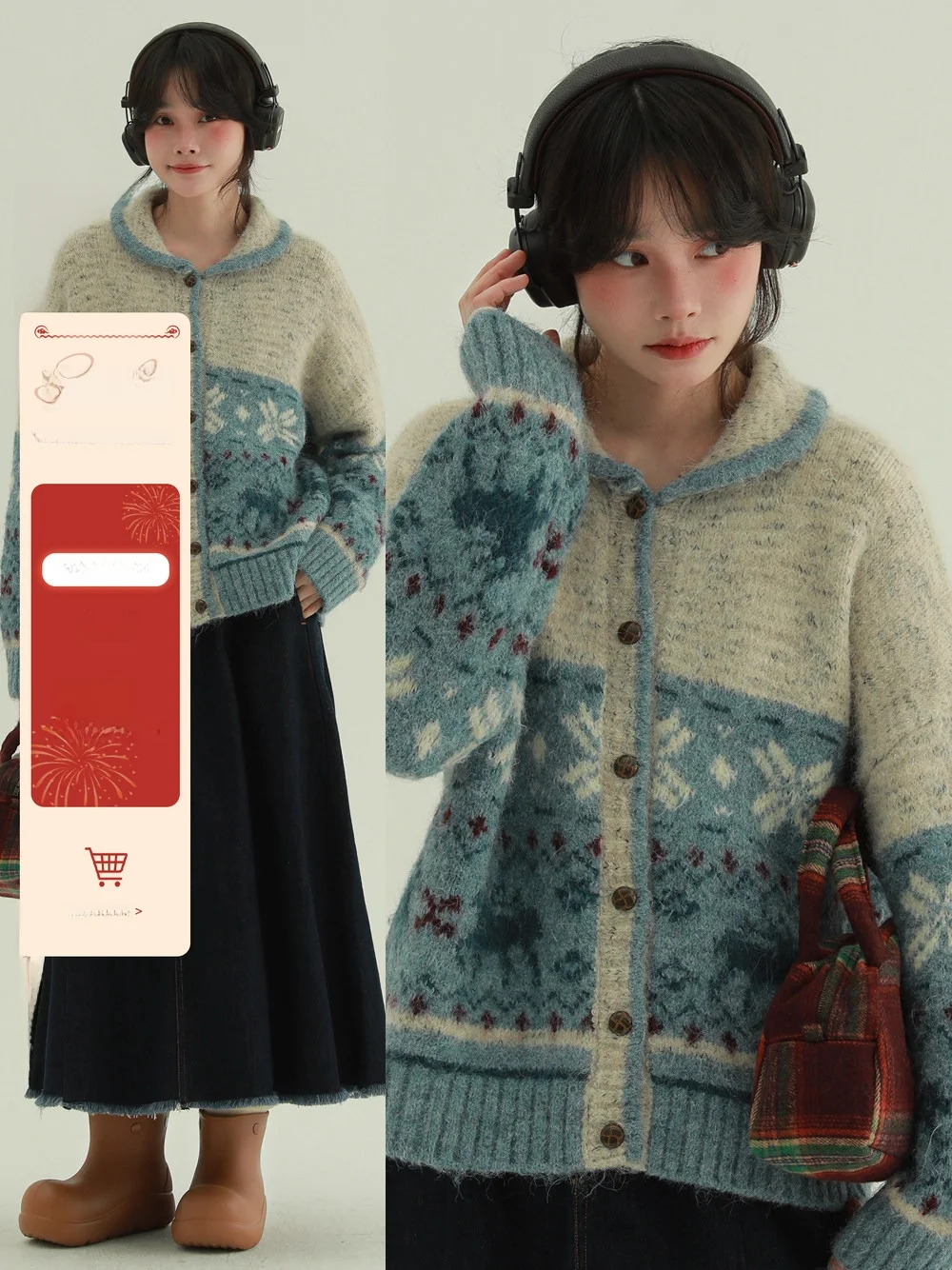 

Rare Deer Embroidery Doll Collar Mist Blue Fair Isle Knitted Sweater Vintage Turn-down Collar Open Cardigan Knitted Outerwear