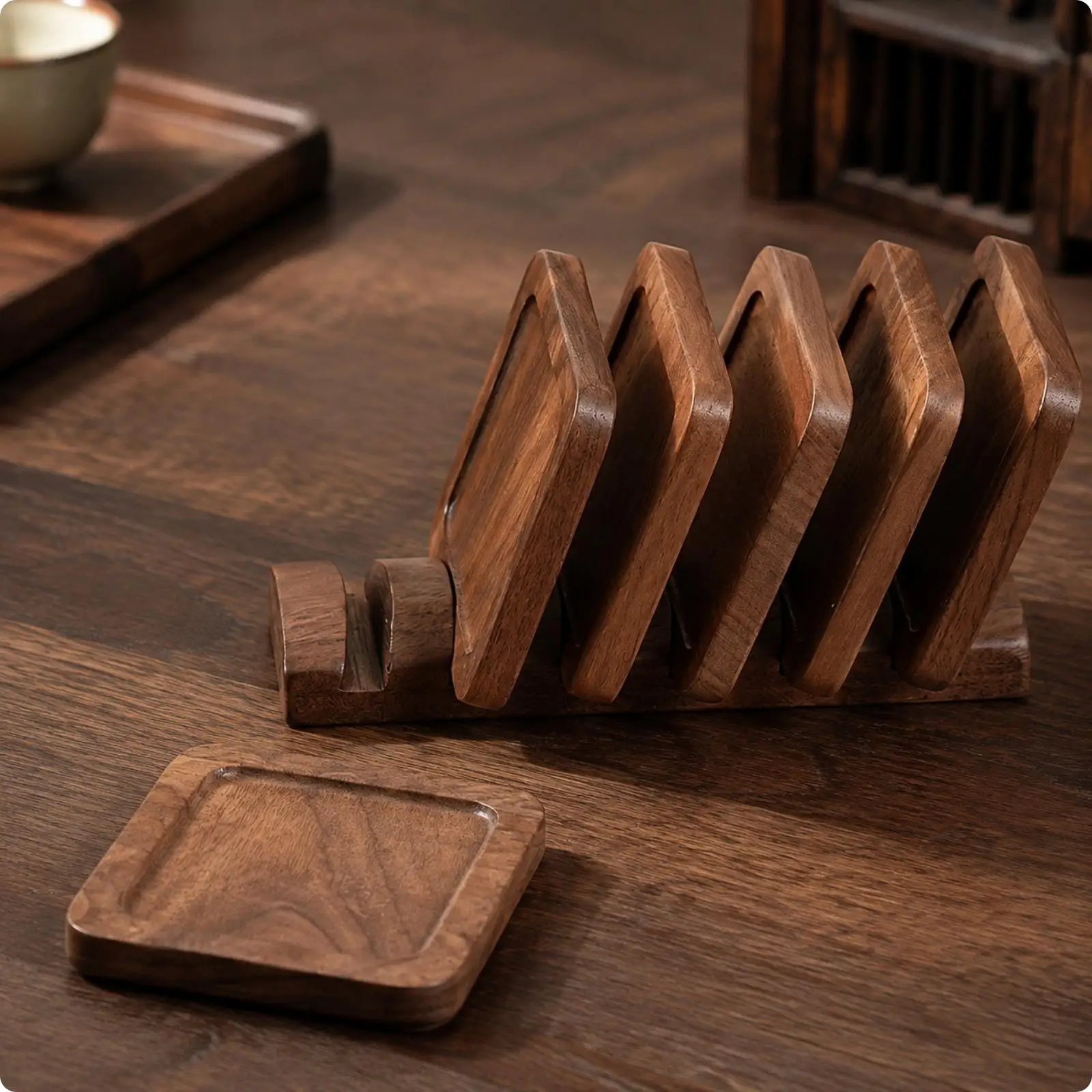 Handmade Walnut Wood Coasters for Drinks with Matching Organizer Stand for Living Room and Kitchen