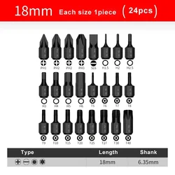 24pcs/lot 18mm Long Super Short Bit 1/4 Hex Shank Phillips Slotted Torx Hex Screwdriver Bits Electric Screw Driver with Magnetic