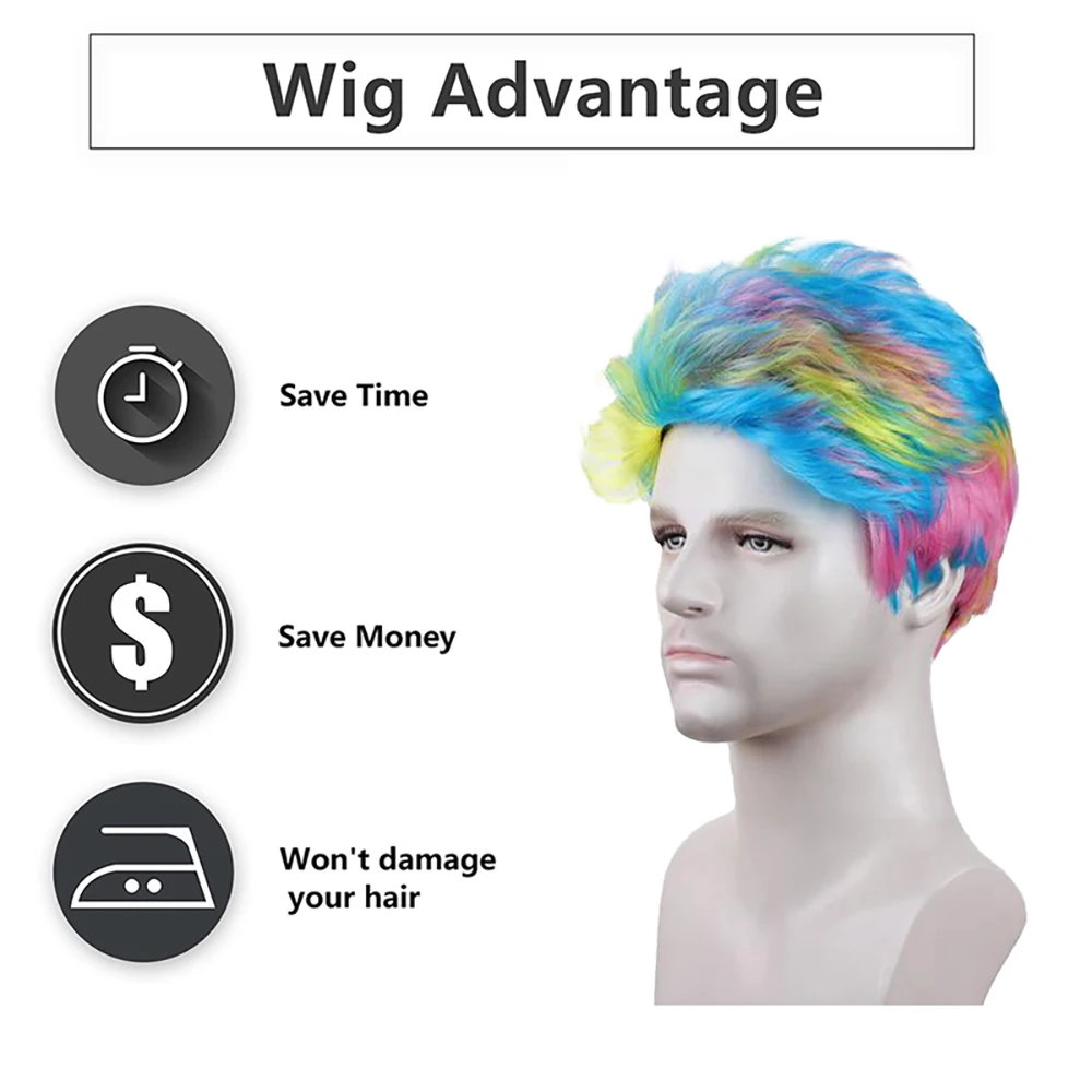 Men's Rainbow Short Fluffy Wig Anime Cosplay Comic Con Role Play Halloween Funny Party Costume Full Wig