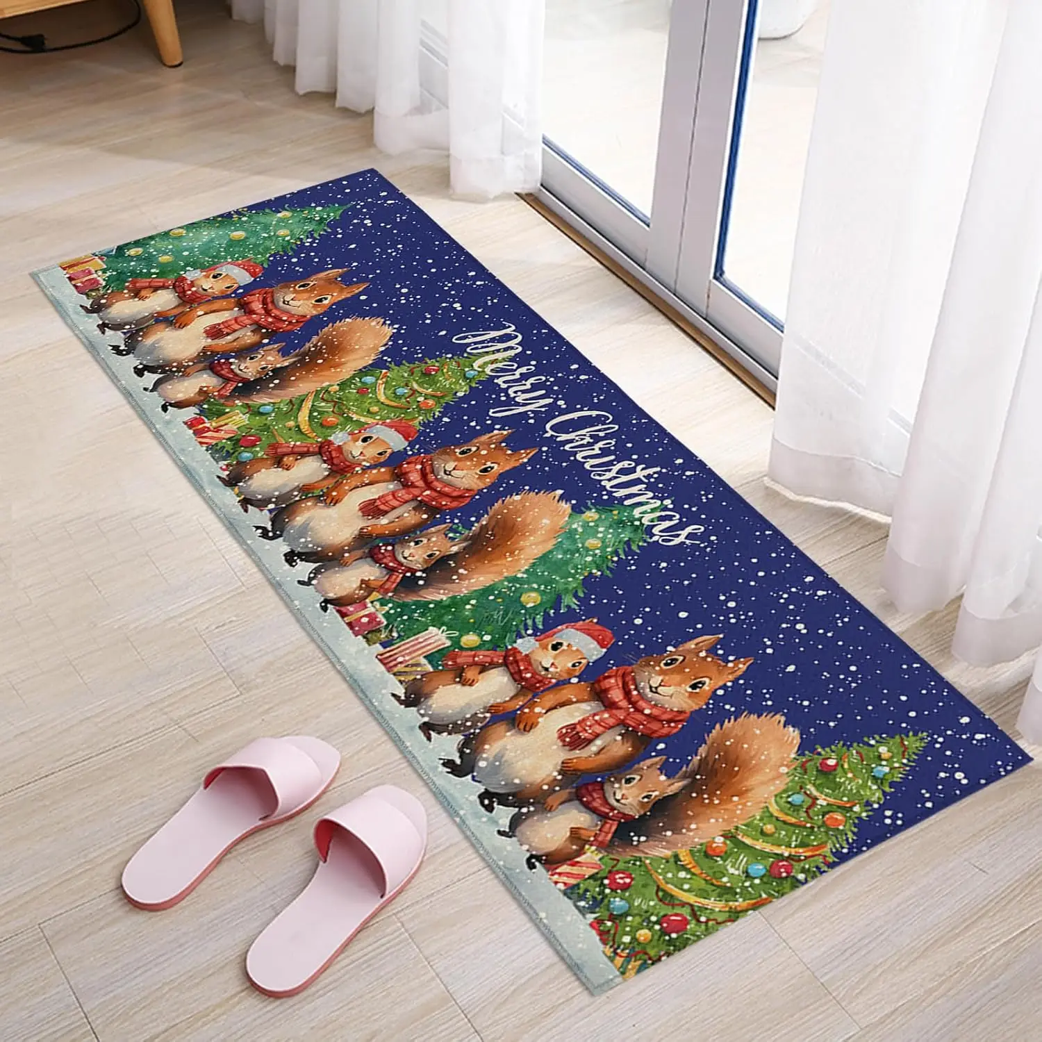 Christmas Snowflake Squirrel Tree Kitchen Mat Decor Winter Non-Slip Corridor Balcony Rugs Bedroom Bedside Floor Mat Xmas Decor