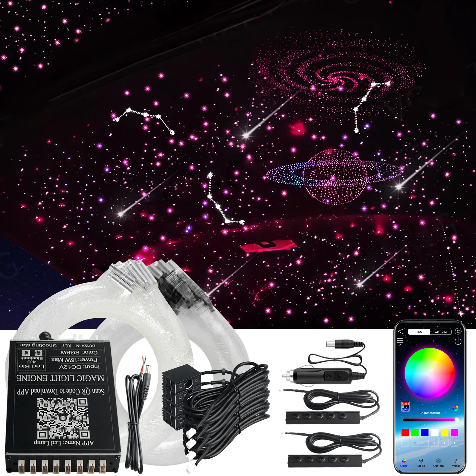 1400pcs Split RGBW Fiber Optic Starlight Headliner Kit, Meteor Shooting Star Twinkle Effect, Ambient Ceiling Lighting for Car Home Bedroom Decoration