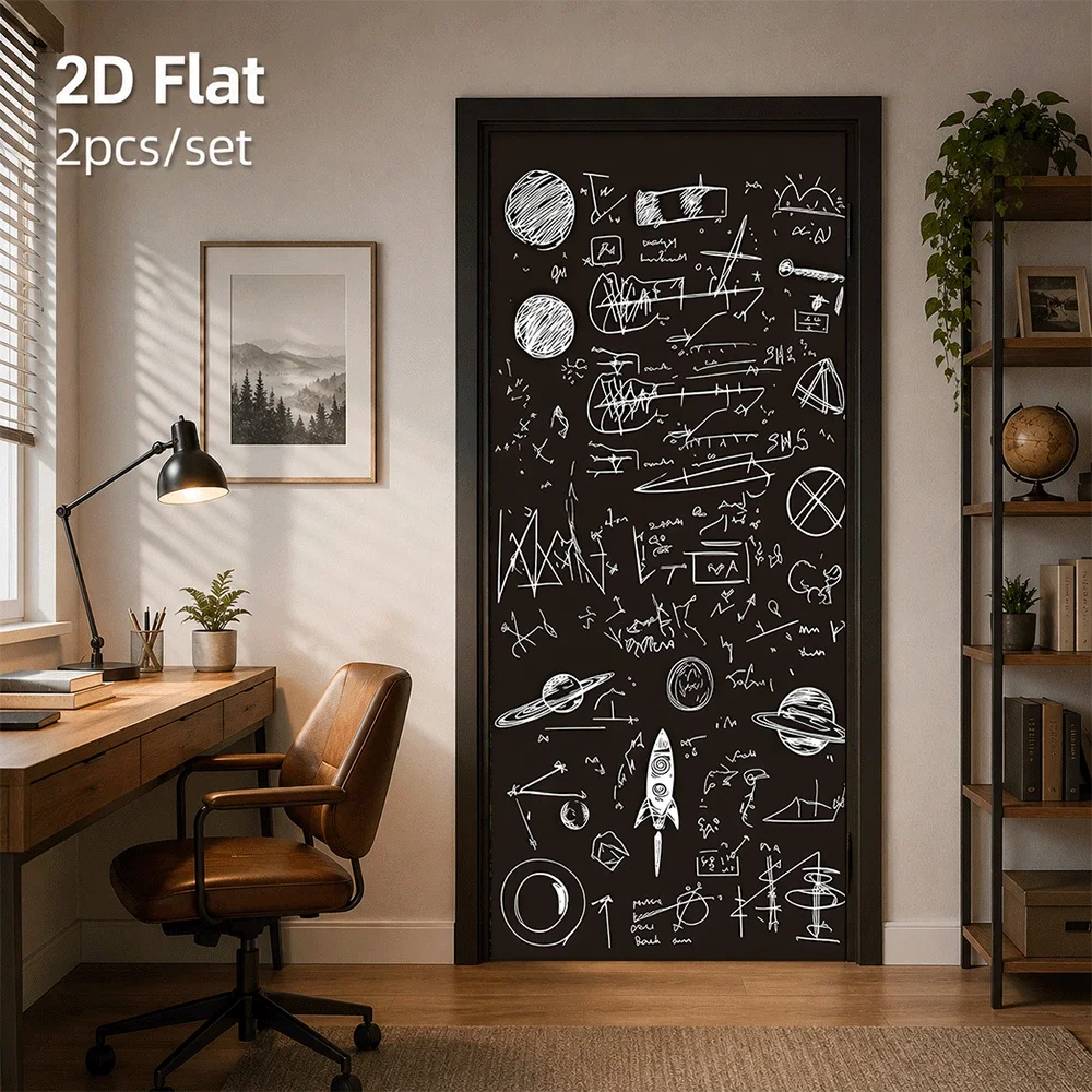 1 creative black and white space astronaut planet rocket space door sticker, children's room bedroom wall sticker, 2D plan