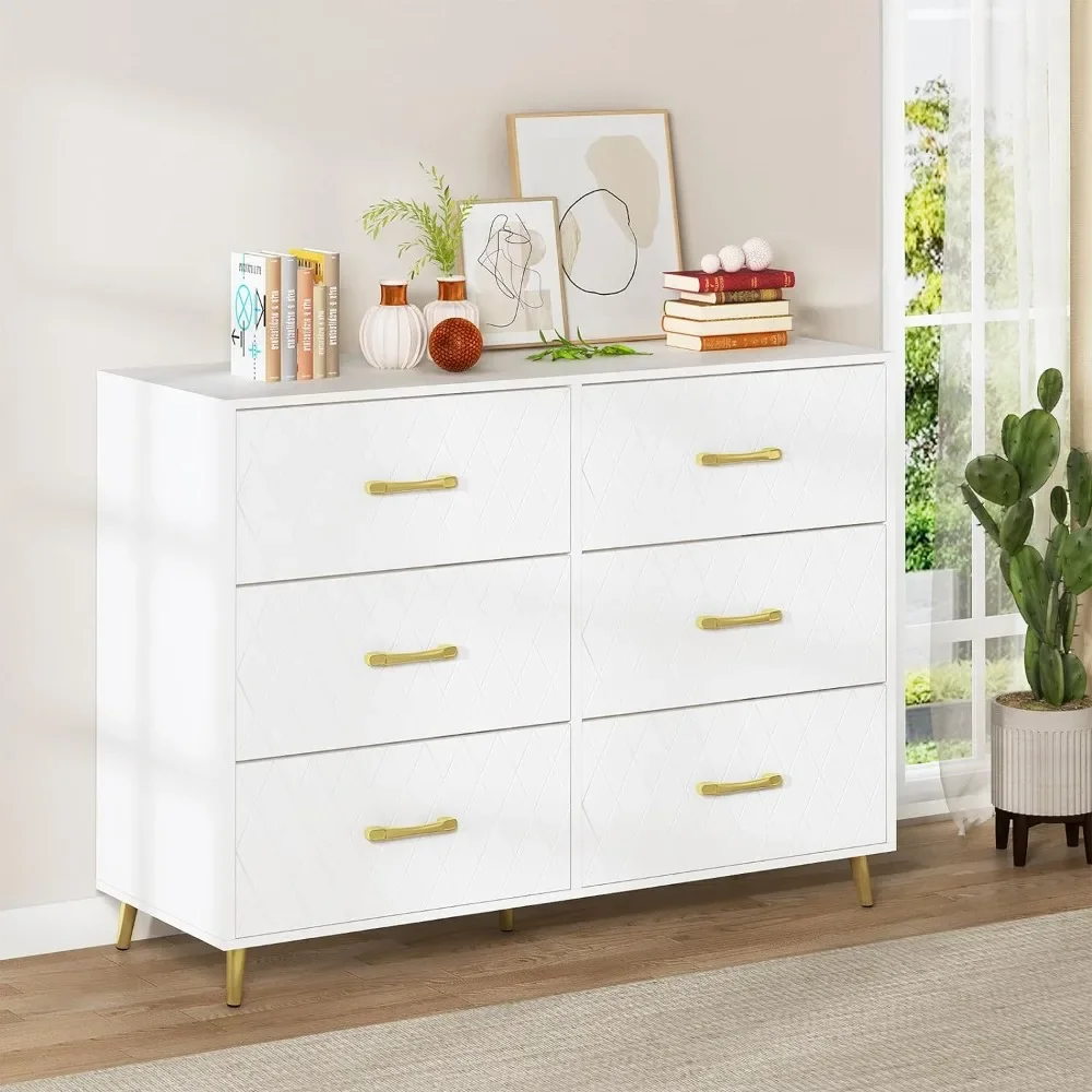 Dresser for Bedroom with 6 Drawers, White Dresser with Golden Handles, Chest of Drawers, Drawers Dresser for Bedroom, Hallway,