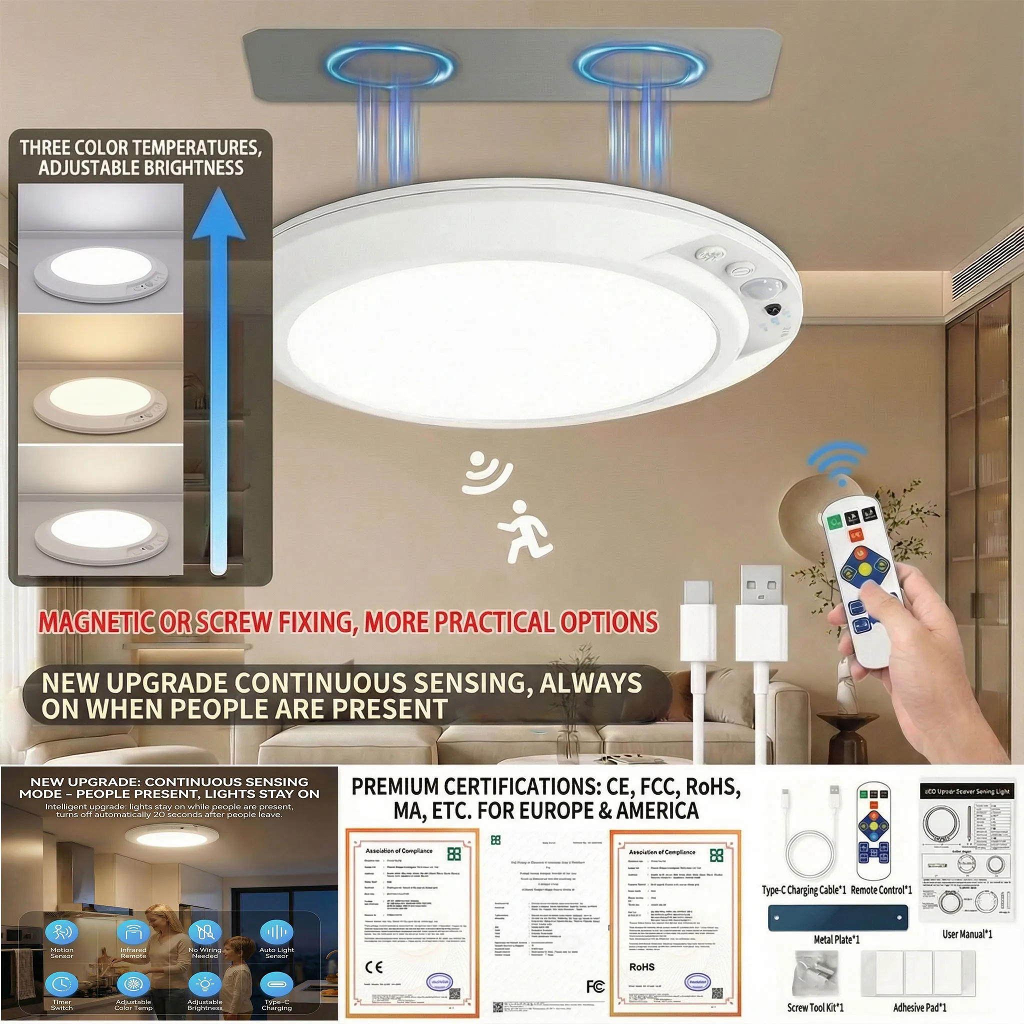 LED Ceiling Light Dimmable Remote Surface Mount for Living Room Bedroom Kitchen Bathroom Hall Dining Study Lights Modern Style