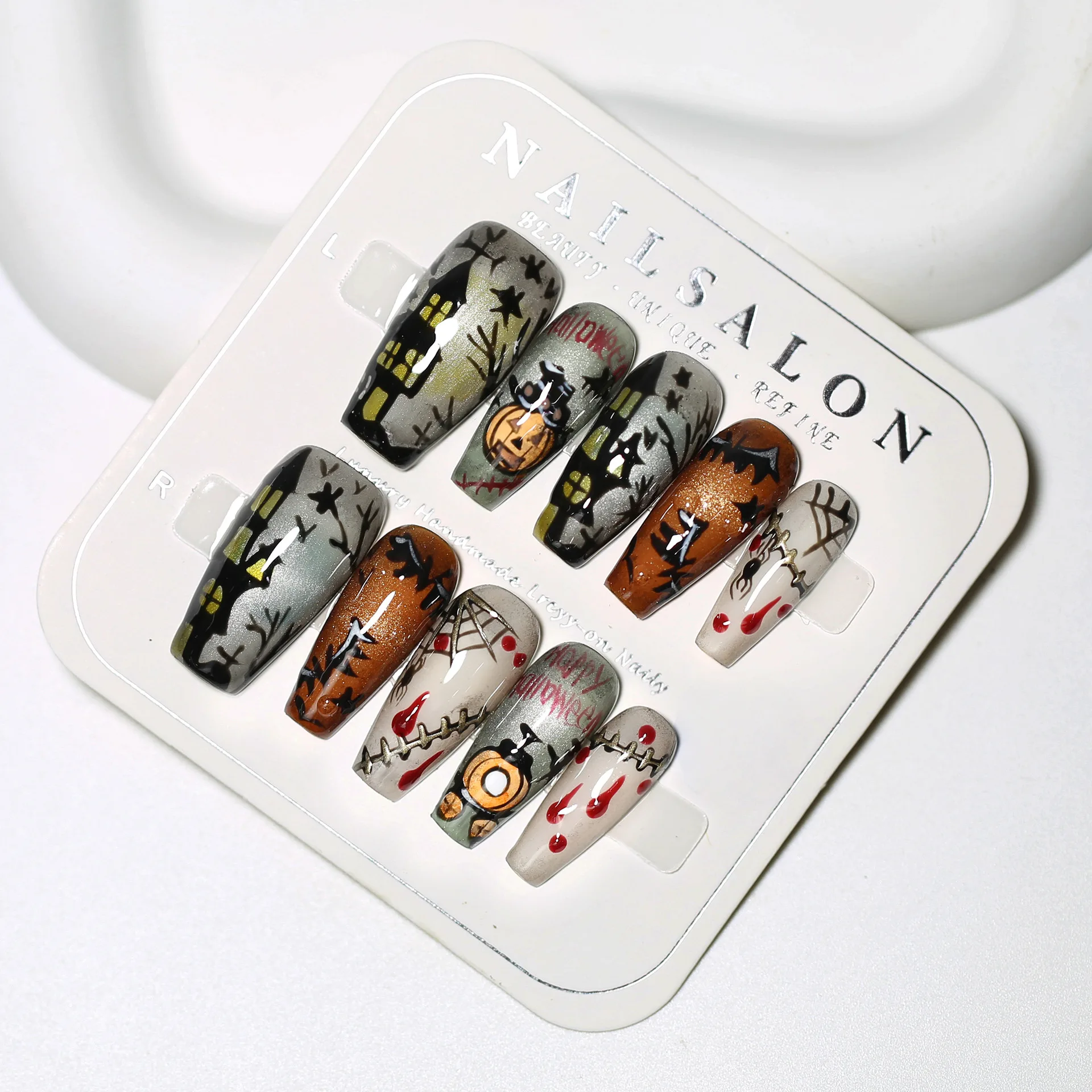 

10pcs/set Halloween Fake Nails Ghost Face Pumpkin Spooky Party Press on Nail Tips Handmade Wearable Professional Nail Art