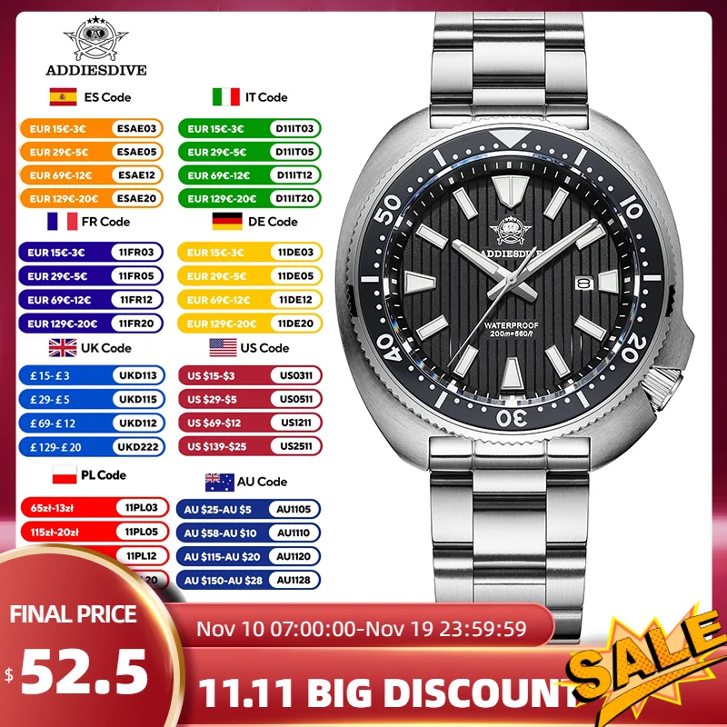 

ADDIESDIVE New 200M Waterproof Quartz Watch Sapphire Crystal BGW9 Luminous Ceramic Bezel Stainless Steel Diving Watch AD2507