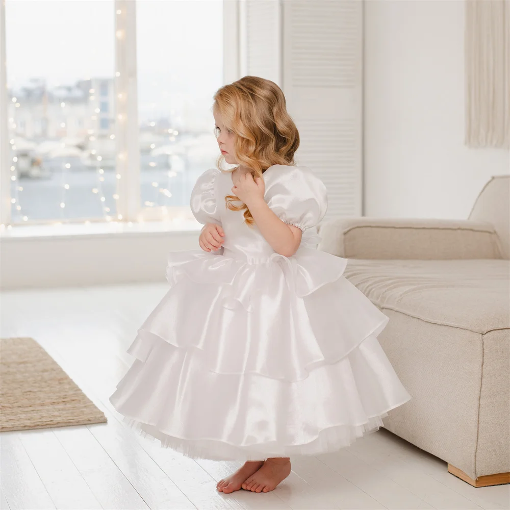 

White Flower Girl Dresses Layered Puff Sleeves Cute Princess kids Dress Gifts for Princess Children Birthday Communion