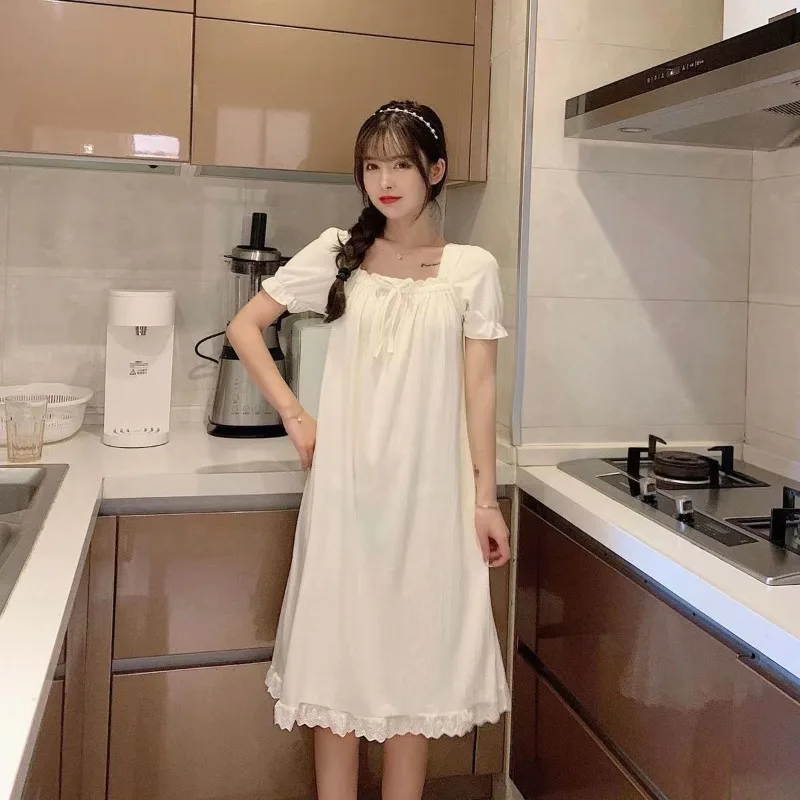 Square Collar Sleepwear Woman Short Sleeves Summer Nightgown Korean Nightwear Night Dress One Piece Pajamas Sleeping Home Wear