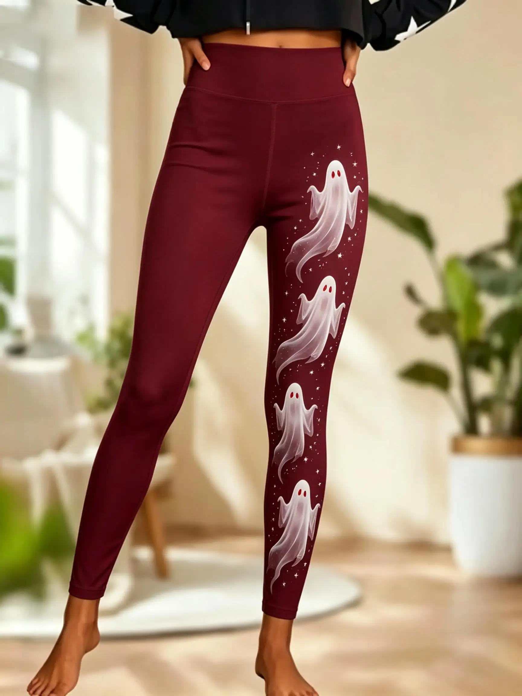 Women Halloween Fleece Mid‑Rise Leggings Vintage Ghost Star Full Print Stretch Slim Pants