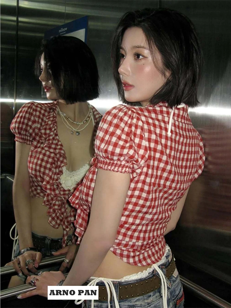 

Sexy Sweet Cool Red Plaid Shirt ARNOPAN Knot Lace Trim Cotton Blend Short Sleeve V-Neck Women's Summer Fashion