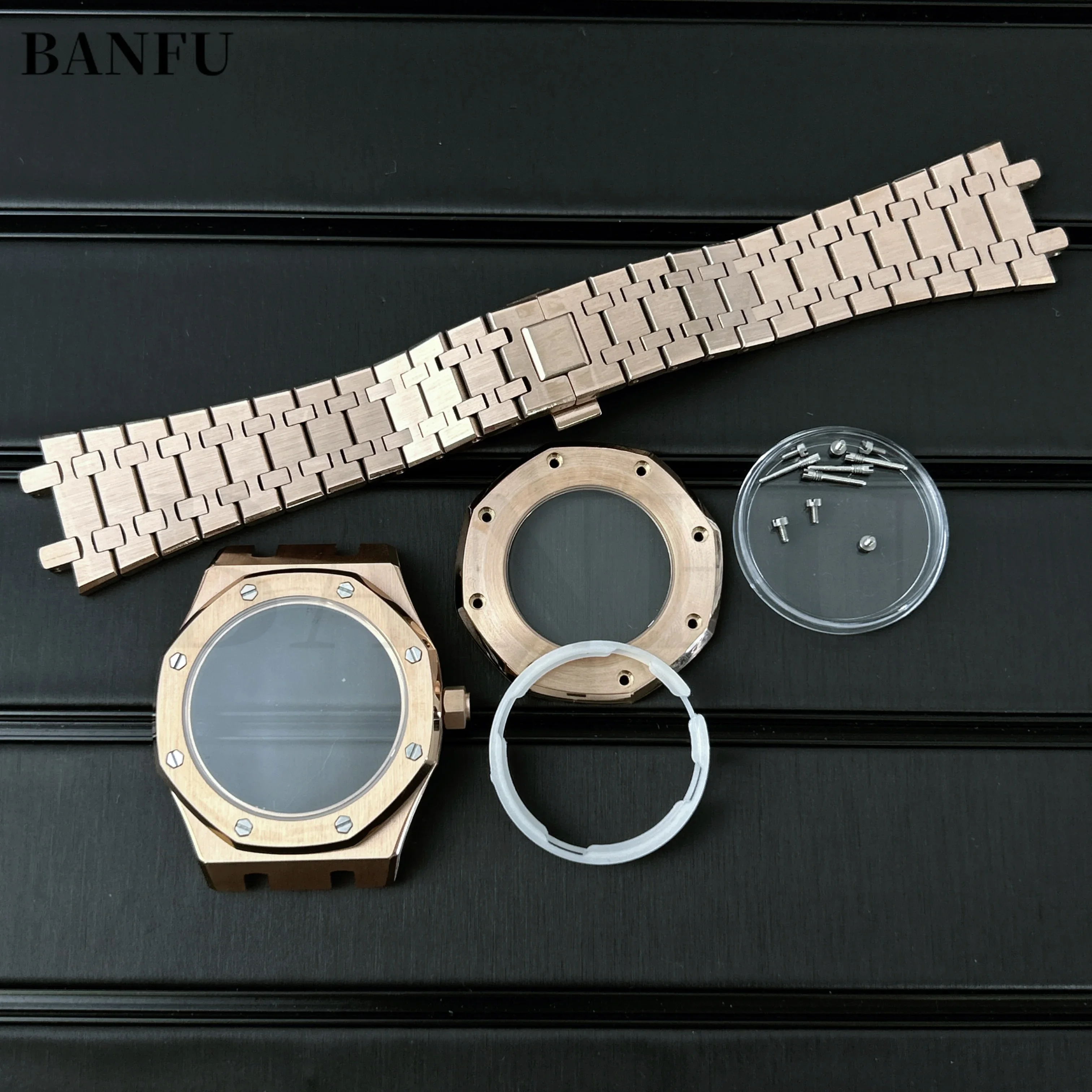 

PVD 41mm Frost Rose Gold Watch Case Butterfly Buckle Strap Watch Dial Hands Transparent Bottom Watch Accessories for Asp NH35/36