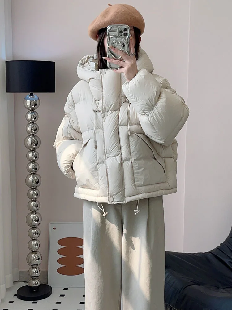 2024 New Korean Fashion Short Hooded Puffer Jacket Women 90% White Duck Down Coat Loose Thick Warm Soft Windproof Parkas Outwear