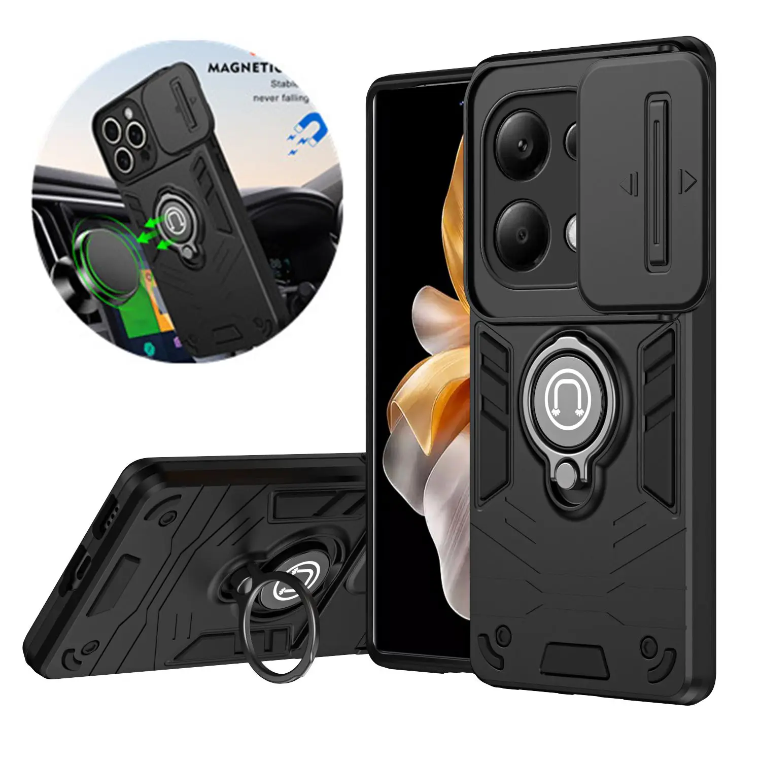 

Shockproof Armor Slide Camera Protect Phone Case For Xiaomi Redmi Note13 4G Note 13 Pro Plus 5G Ring Stand Holder Cover