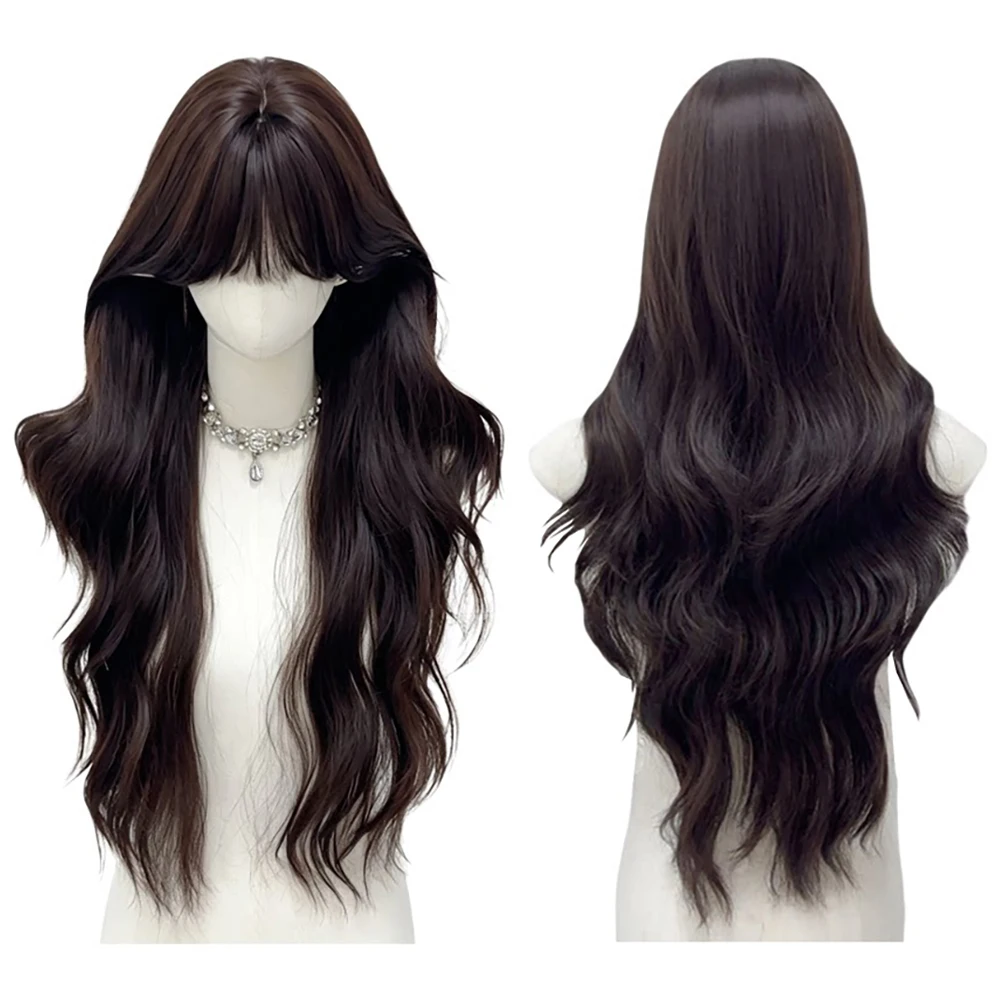 70CM Long Wavy Dark Brown Wig With Bangs Heat Resistant Synthetic Body Wave Hair For Women Daily Wear Party Cosplay Halloween
