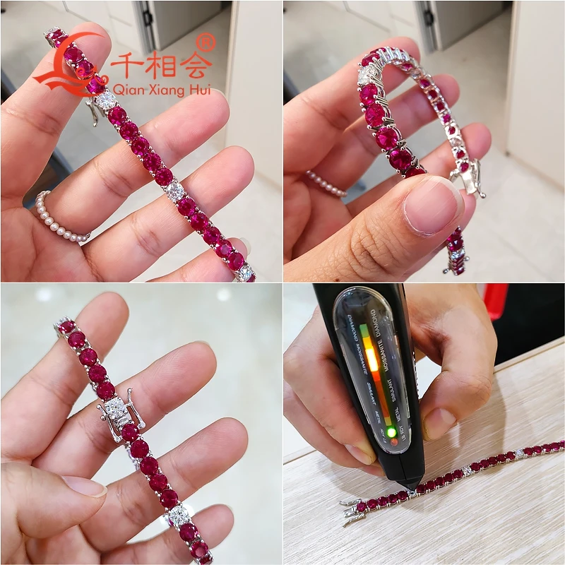 Pulsera de tenis de rubí de color rojo cultivado en laboratorio de 3mm, 4mm, 5mm y 6,5mm, pulsera de moissanita blanca de plata S925, regalo de joyería para fiesta para hombres y mujeres