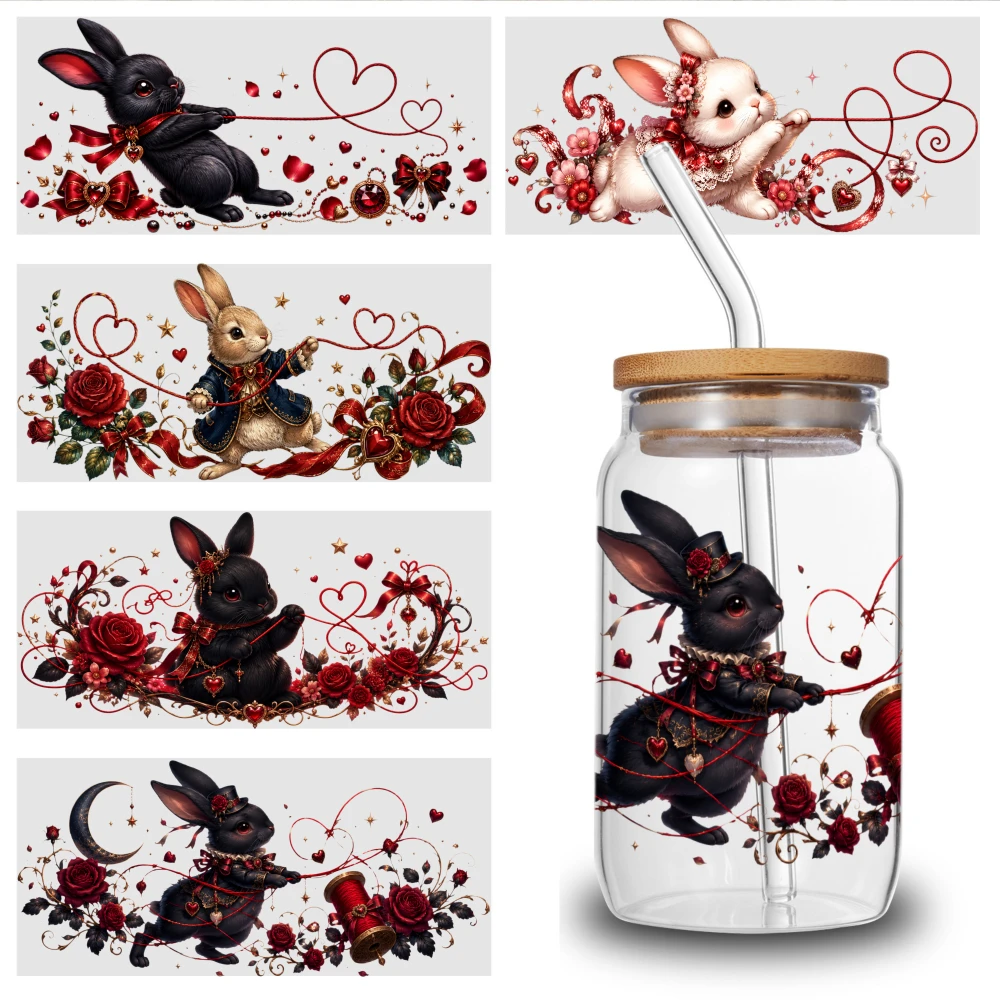 5 Sheets Romantic Rabbit Rose Pattern UV DTF Stickers Glass DTF Transfer Stickers for 16 oz Tumbler Waterproof Rub on Transfers