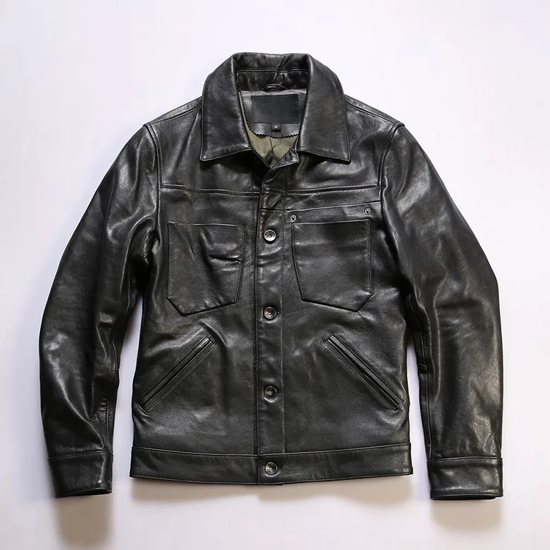 A motorcycle leather for men with lapel multiple pockets heavy washing and pleated feel made of all-vegetable-tanned cotton