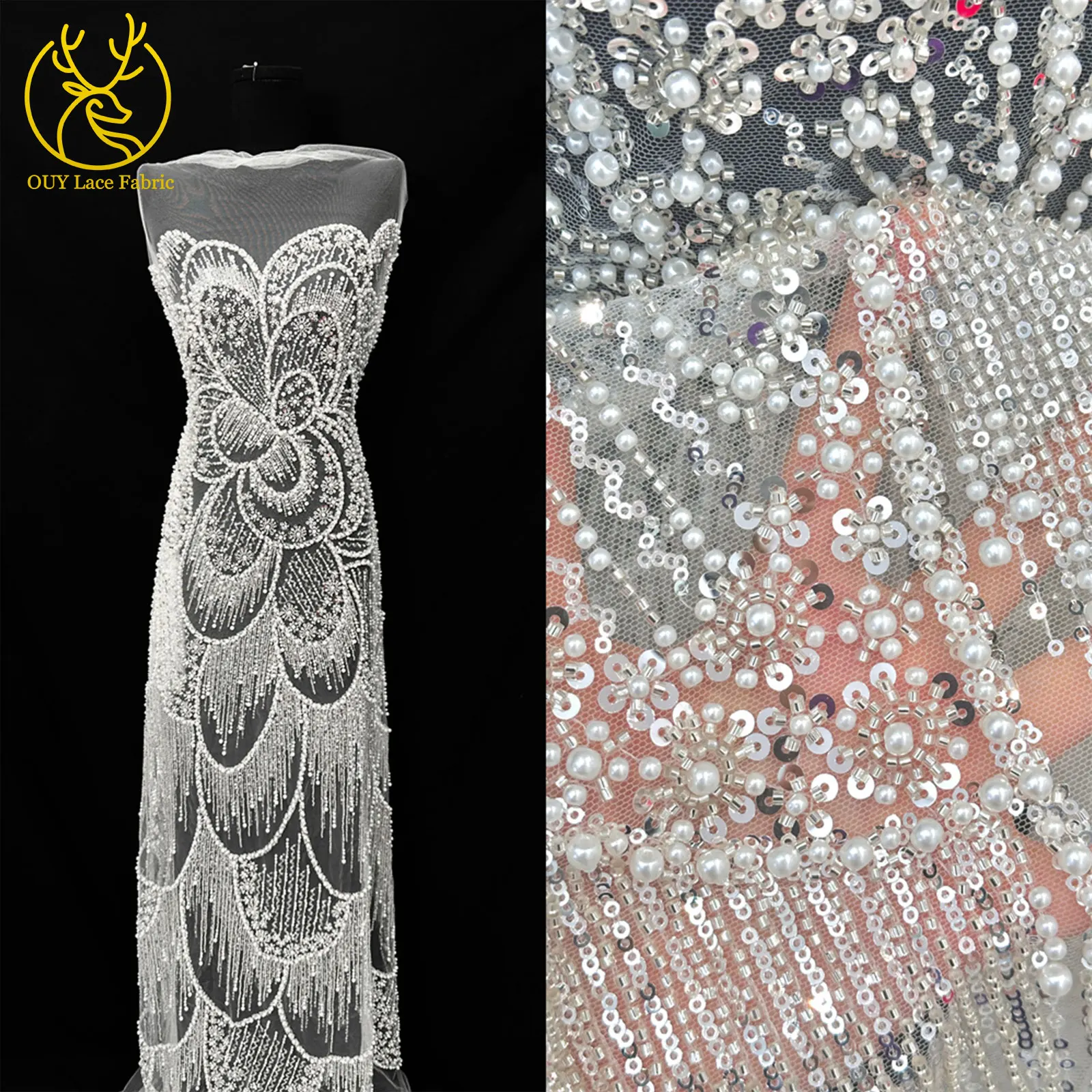 

White Pearl Sequin Lace Fabric French Tulle Lace Bridal Wedding 2025 Luxury Mesh Lace Fabric for Ladies Party Dress Sewing