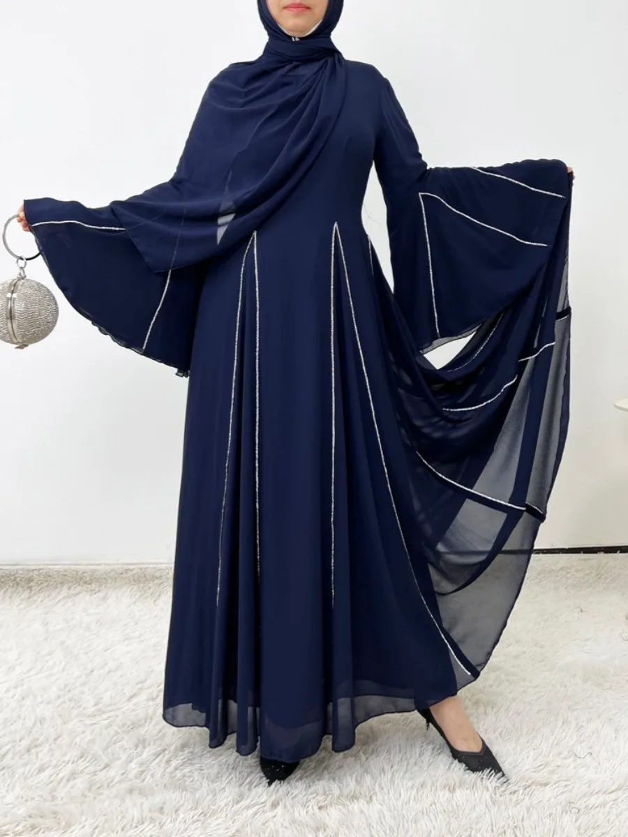 Eid Abito da donna Musulmano in chiffon Abaya Manica svasata Party Jalabiya Ramadan Abiti Largos Caftano Arabo Abito lungo Marocco Caftano