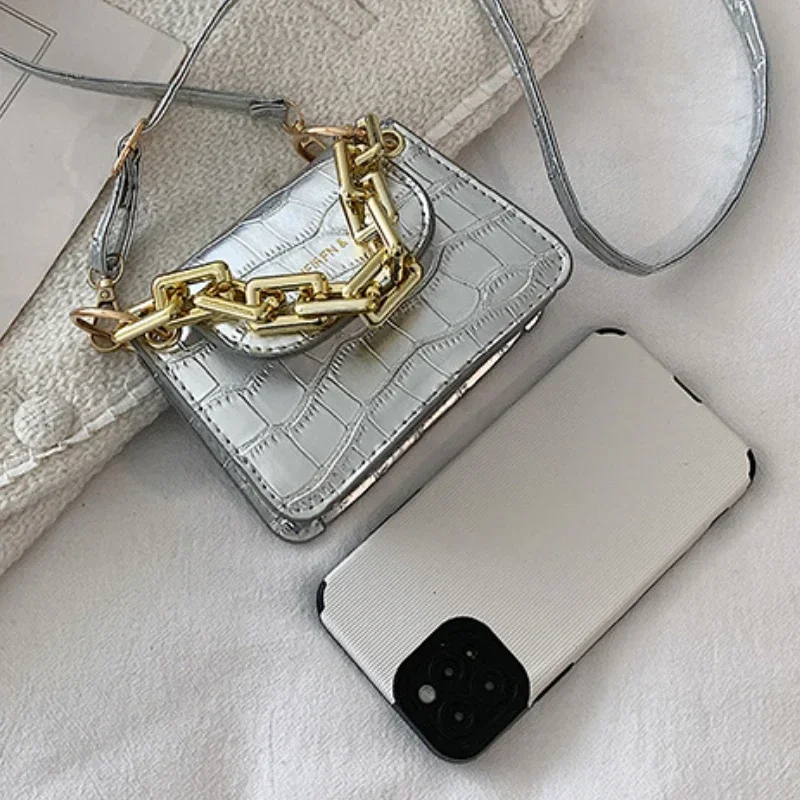 Ins New Gold Silver PU Leather Shoulder Crossbody Small Bag Fashion Mini Chain Lipstick Bag Trend Bags for Women Cute Coin Purse