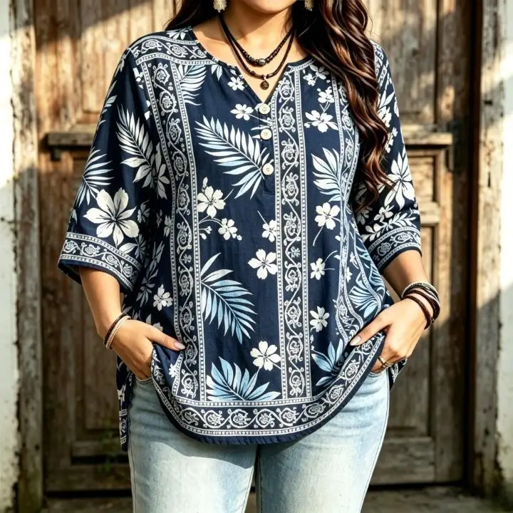 Women Tropical Floral Leaf Vertical Border Print Blouse For Curvy Figures Notched Neck 3/4 Sleeve Loose Casual Ladies Tops