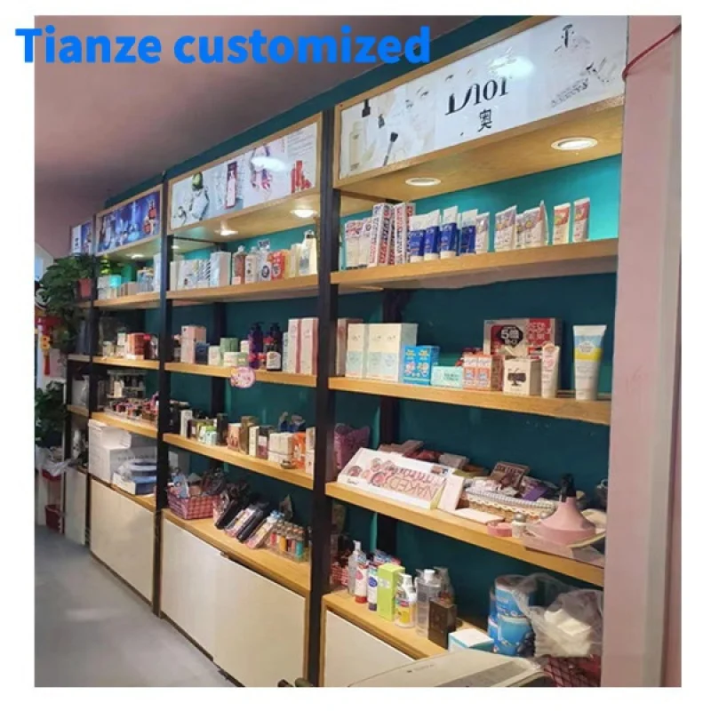 

（customized）Flat pack retail shop display shelf metal wood shelving perfume cosmetics shop display stand wooden shelf