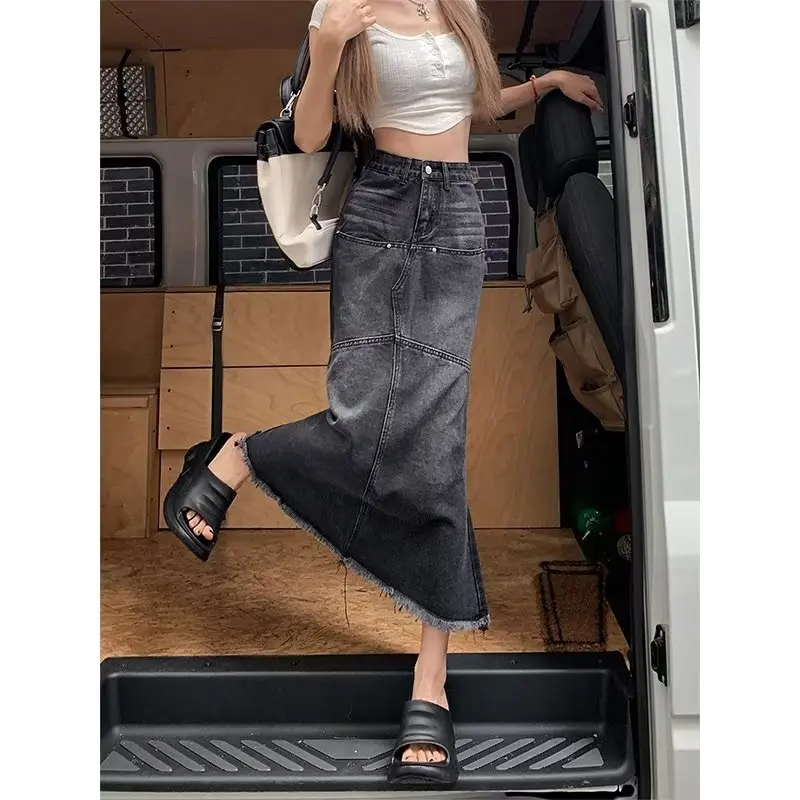 Harajuku Japanese Style Denim Skirt A-Type Female Literary High Waist Retro Long Skirt Fashion Stretch Sexy Design New Literary