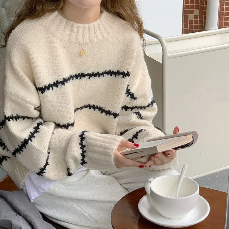 

Harajuku Long Sleeve Pullover Sweater Women Fashion Striped O-Neck Knitted Sweater Lazy Style Loose All Match Knitting Jumper