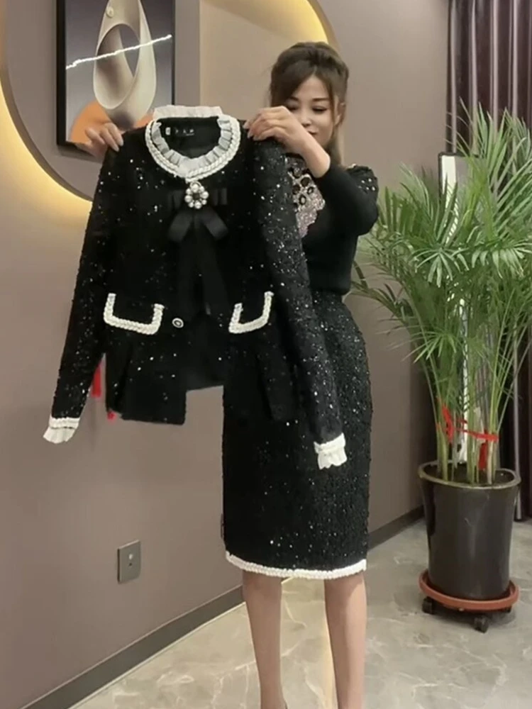 

Woolen Bodycon Dress Women Winter Sashe Party Dresses Shiny Straight O-neck Button Up Elegant Midi Vestidos Two Piece Suit