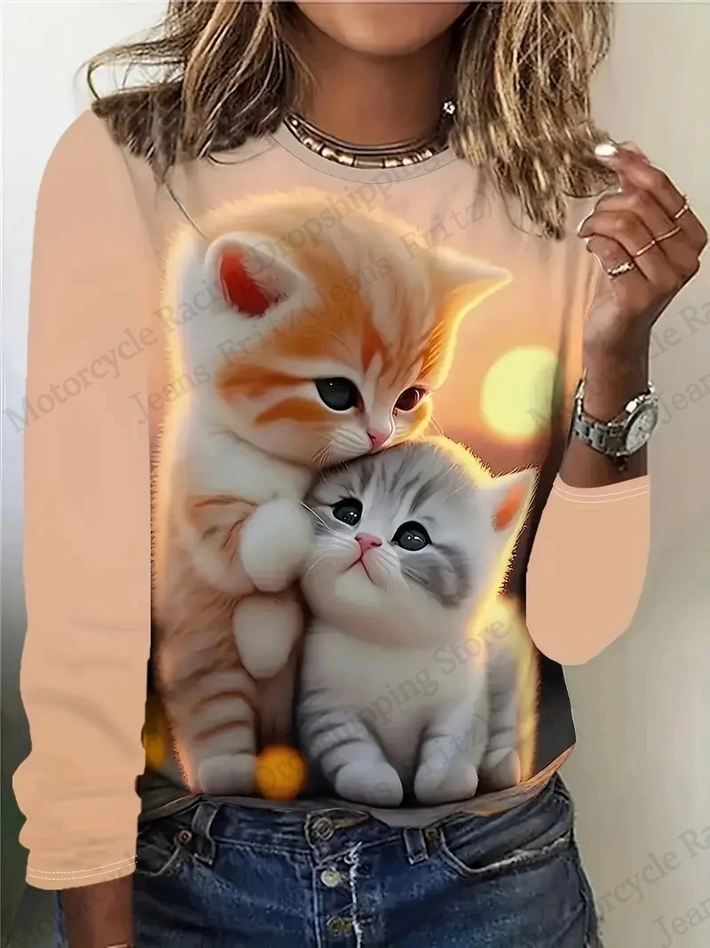 Deux modèles de chat mignon graphique impression 3d T-Shirt femmes à manches longues T-shirt femmes vêtements haut à la mode décontracté surdimensionné hauts t-shirts
