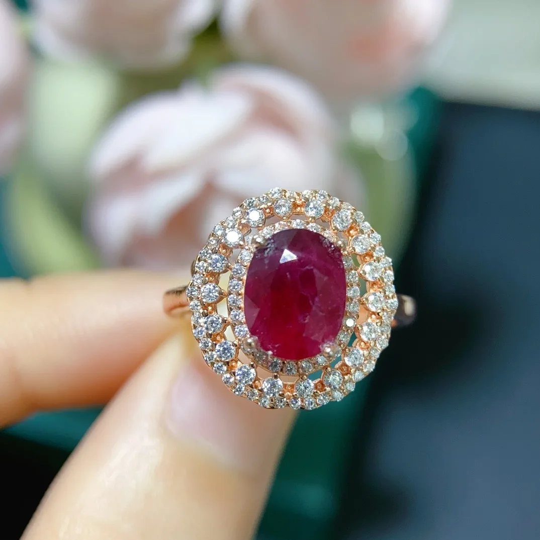 S925 Rose Gold Plated Ruby Ring, 7x9mm Heated Gemstone with Certificate