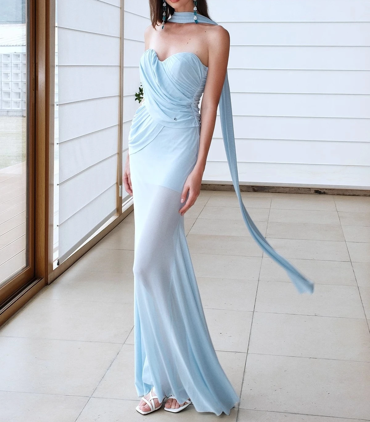 Blauwe mesh jurk dames slash hals mouwloze elegante maxi vestidos bodycon streetwear strapless kleding dame verjaardagsfeestje