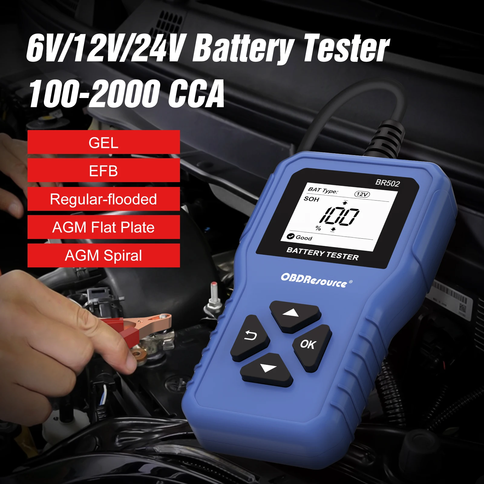 

BR502 Car Battery Tester 6V 12V 24V 100-2000 CCA 2Ah-220Ah Battery System Detect Auto Battery Analyzer Car Battery Tool PK KW208