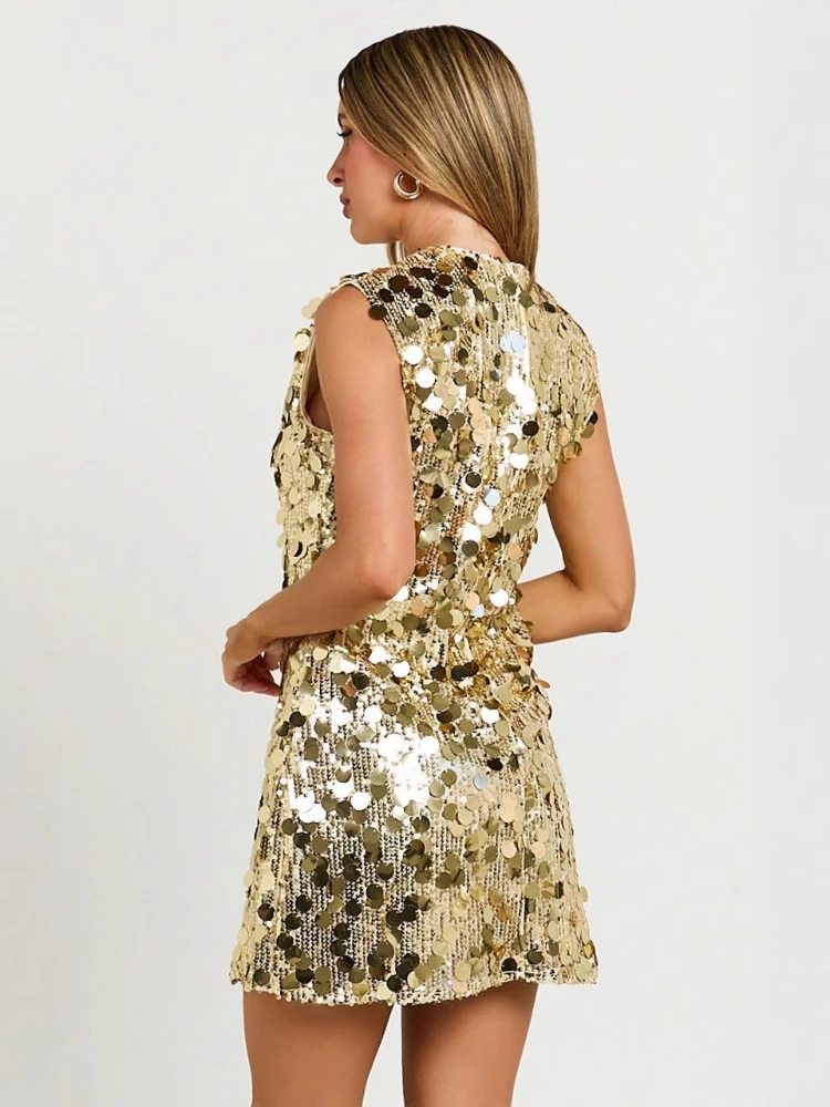 Women's Sparkly Sequin Mini Dress High Neck Sleeveless Bodycon Glitter Dress Coquette Aesthetic Prom Birthday Party Outfit