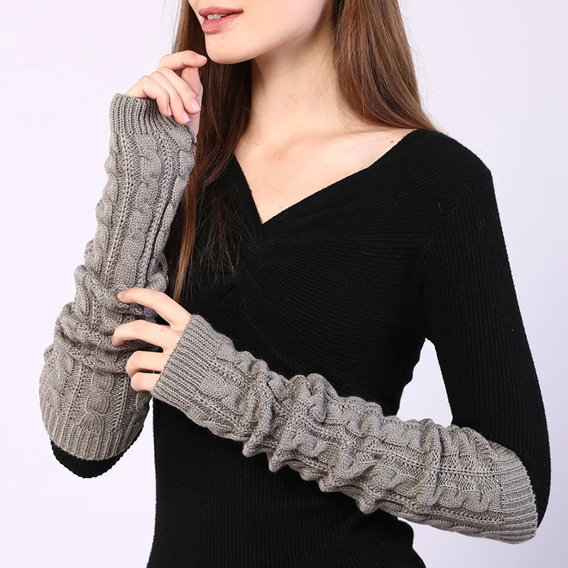 50cm Knitted Twist Arm Sleeve Women Knitted Arm Warmers Long Fingerless Gloves Winter All-match Arm Sleeve Girls Solid Glove