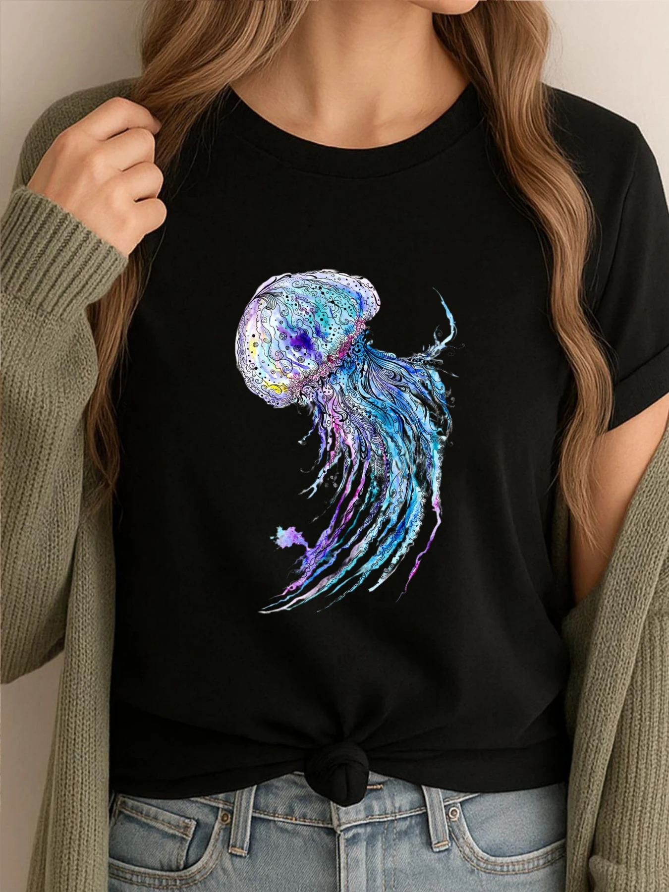 

Jelly Fish Watercolor And Ink Painting Vintage T Shirts Womens Oversized T-Shirt Large Size Outdoor Printed Tees