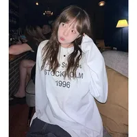 Idle Style American Style Printing Thin White Long Sleeve T-Shirt Women's Spring Autumn New Loose-Fit Casual Round Neck Top Tren
