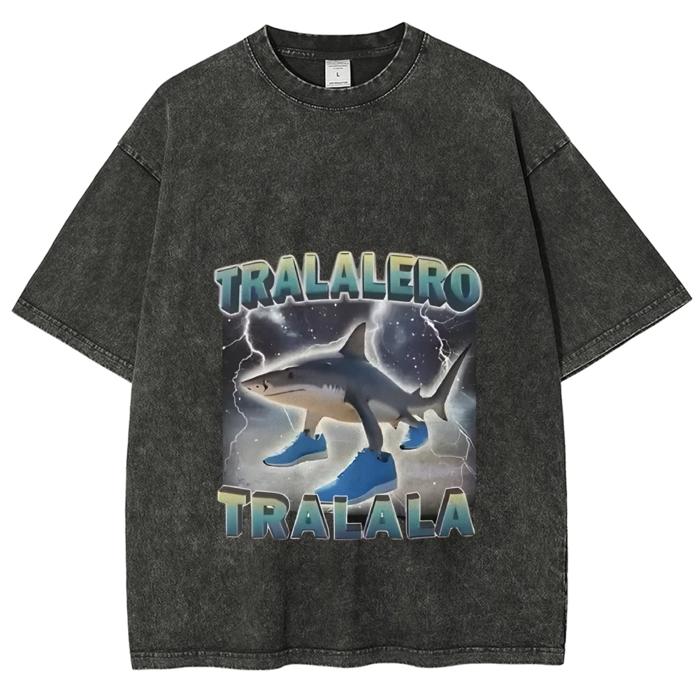 Tralalero Tralala chaussure requin graphique t-shirt Meme ludique enfants surdimensionné lavé chemise hommes femmes confort haut de couleur portant