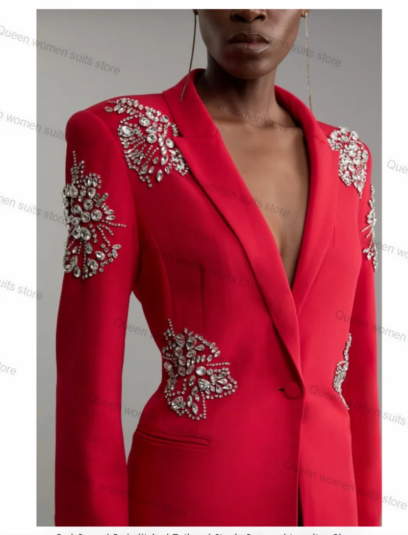 Crystal Red 2 Pieces Women Suit Pants Set Blazer+Black Straight Trousers Formal Office Coat Customized Wedding Prom Dress Jacket