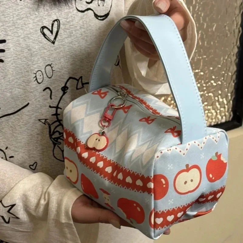 Bolsos de mano con lazo de Apple para mujer, bolsa de maquillaje, bolsa de almacenamiento portátil, mochilas con cremallera con estampado dulce 3D, bolso de mano de viaje de gran capacidad, nuevo
