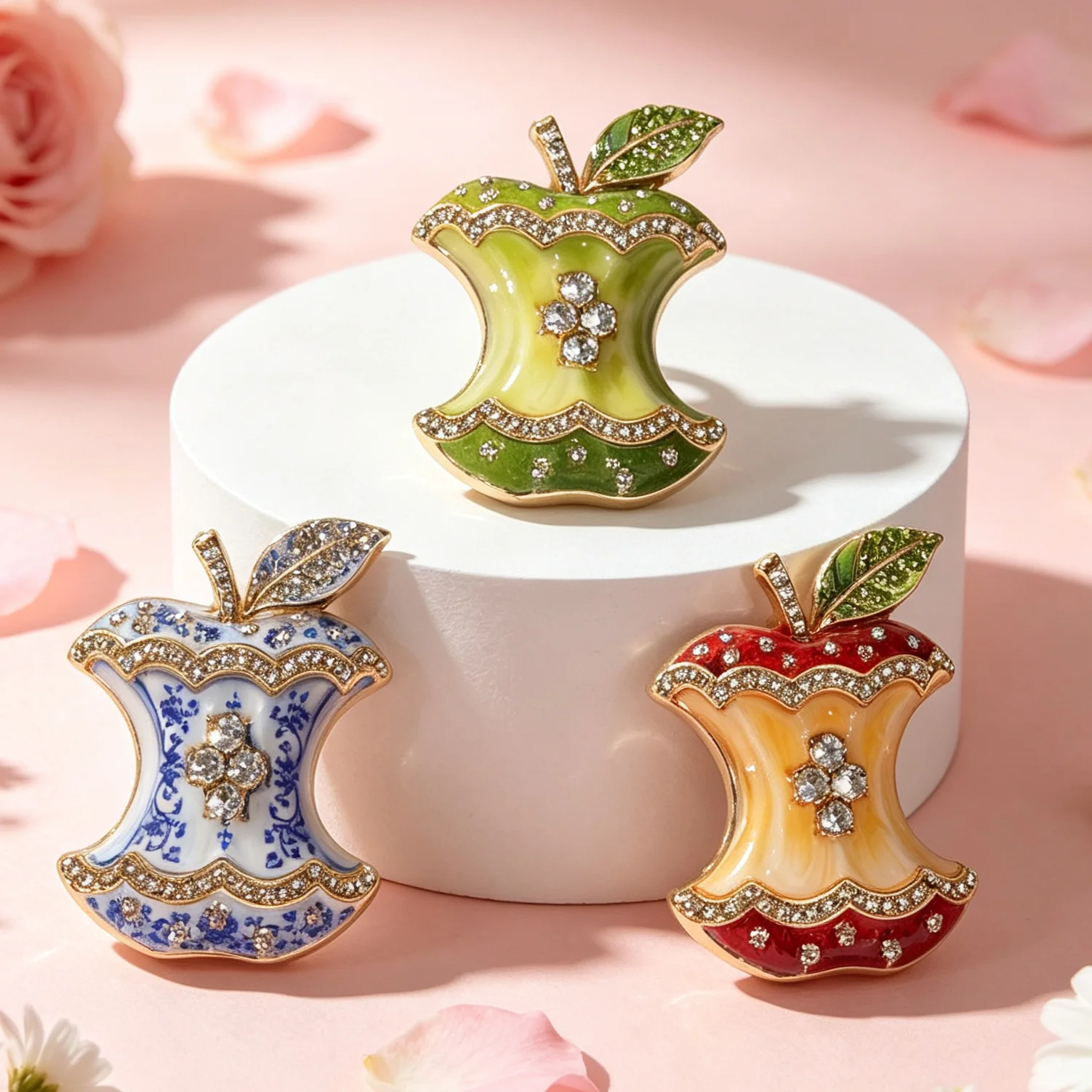 Cute Apple Core Brooch Enamel Crystal Rhinestone Fruit Lapel Pin Gold Tone Metal Statement Brooch Fashion Jewelry Gift For Women